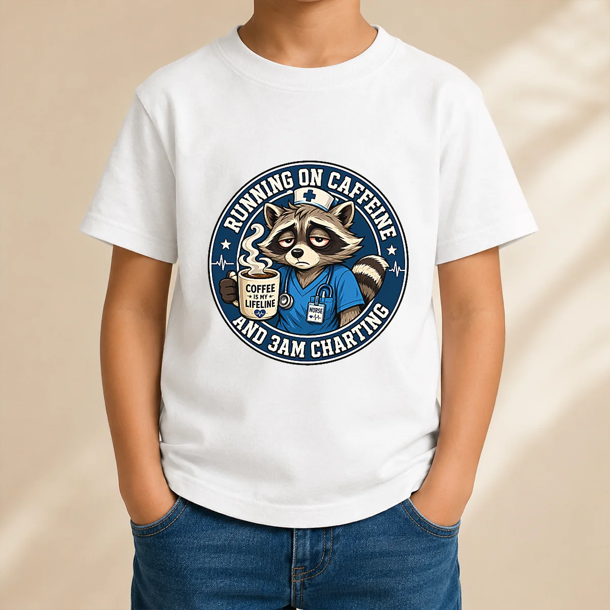 Tired Raccoon Nurse Running on Caffeine Mascot Badge Kids T-Shirt