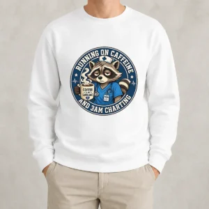 Tired Raccoon Nurse Running on Caffeine Mascot Badge Sweater