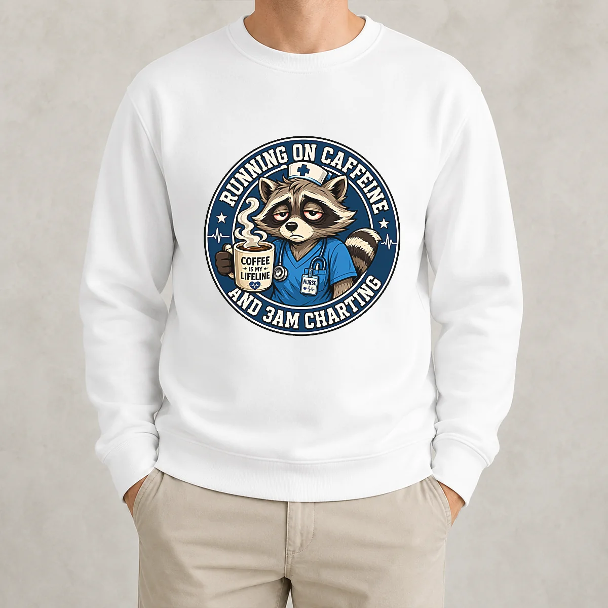 Tired Raccoon Nurse Running on Caffeine Mascot Badge Sweater
