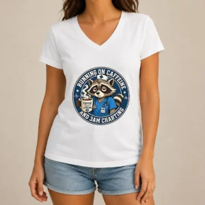 Tired Raccoon Nurse Running on Caffeine Mascot Badge V-Neck Shirt