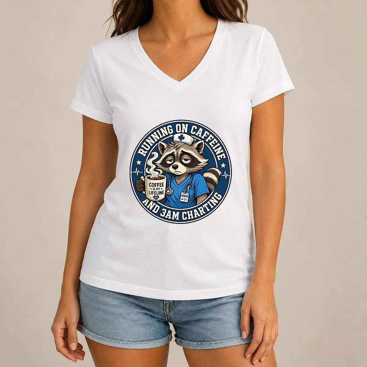 Tired Raccoon Nurse Running on Caffeine V-Neck Shirt Tired Raccoon Nurse Running on Caffeine V-Neck Shirt