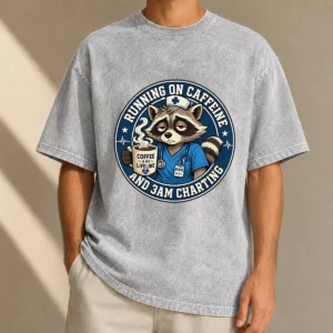 Tired Raccoon Nurse Running on Caffeine Mascot Badge Washed T-Shirt