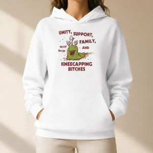 Top Pretty Dungeon Crawler Carl Inspired Unity Support And Family And Kneecapping Bitches Hoodie in black with bold graphic print