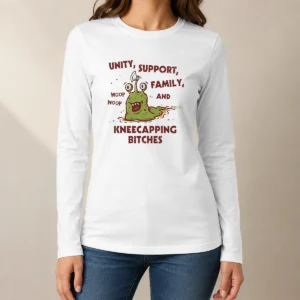 Top Pretty Dungeon Crawler Carl Inspired Unity Support And Family And Kneecapping Bitches long sleeve shirt in black with bold graphic print
