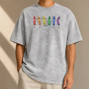 Top Red Orange Yellow Green Blue Violet Crayon Characters Washed T-Shirt