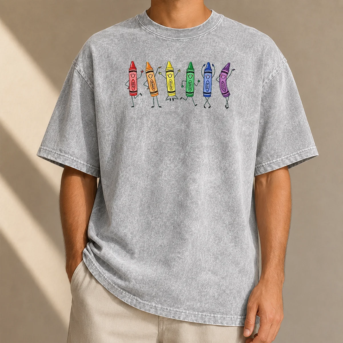 Top Red Orange Yellow Green Blue Violet Crayon Characters Washed T-Shirt